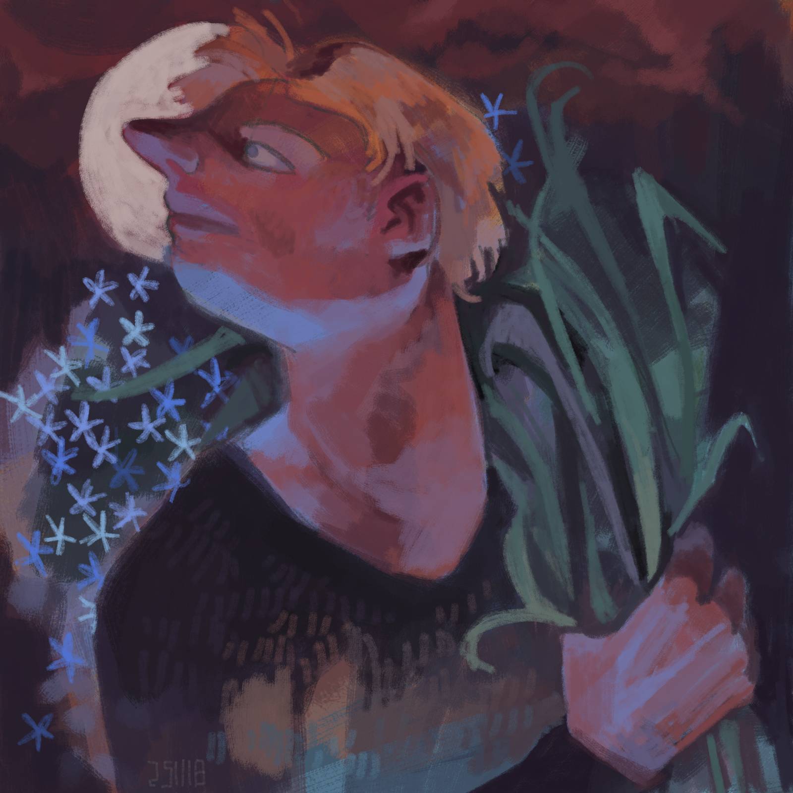 Menacing image of someone holding a bundle of long, but delicate blue flowers (forget-me-nots crossed with corn?)  over their shoulder, looking back, with the moon behind them. Dark colors, reds, greens, blues.